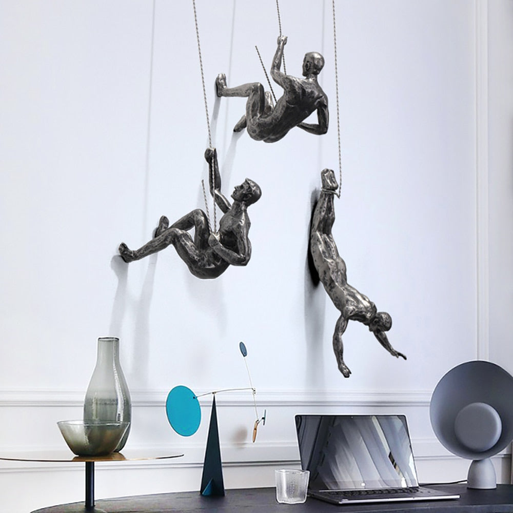 Wall Sculpture | Climbing Figure | Resin & Iron Wire | Modern Industrial Accent