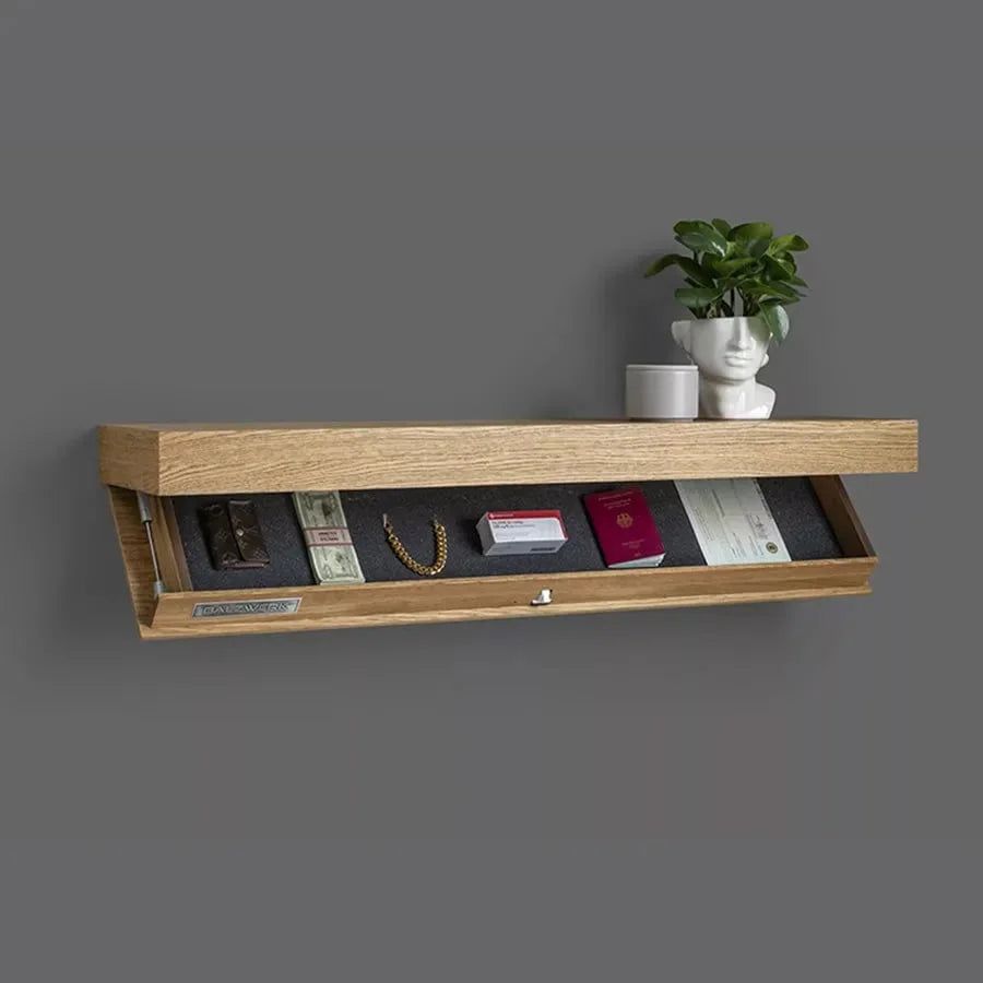 Wall Shelf | Hidden-Compartment Flap | Wood Finish | Space-Saving