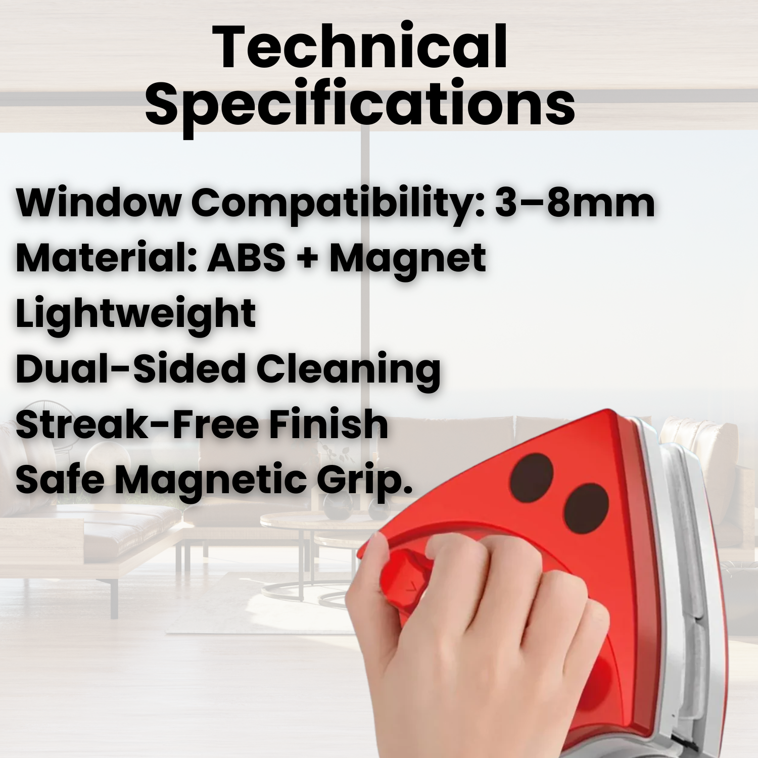 Window Cleaning Tool | Double-Sided Magnetic Cleaner | For 3–8 mm Glass | Streak-Free Finish