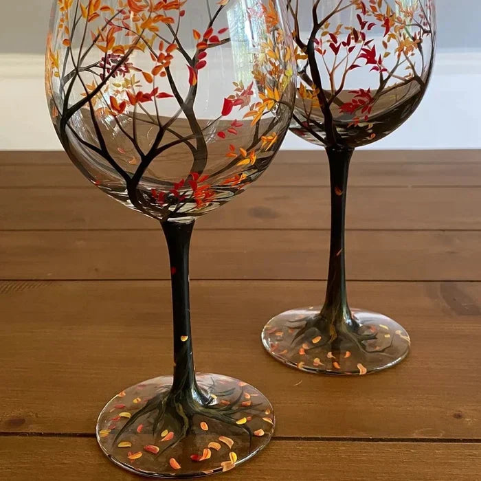 Wine Glass Set | Hand-Painted Four Seasons Tree Design | Set of 4 Glasses & Dishwasher Safe