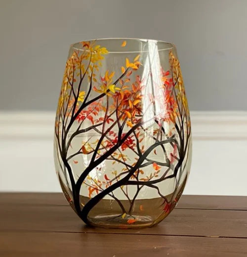 Wine Glass Set | Hand-Painted Four Seasons Tree Design | Set of 4 Glasses & Dishwasher Safe