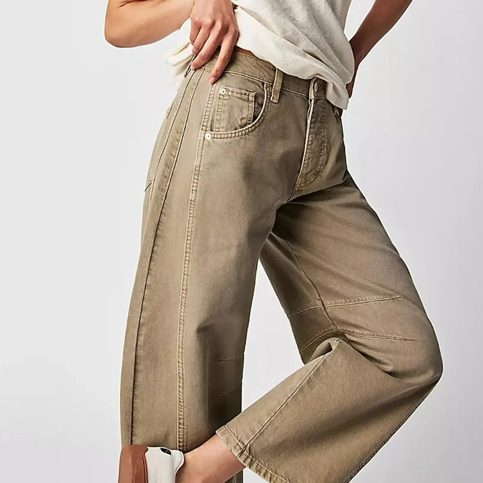 Women's High-Waisted Barrel Leg Pants | Ankle-Length with Patch Detail | Comfortable Fit