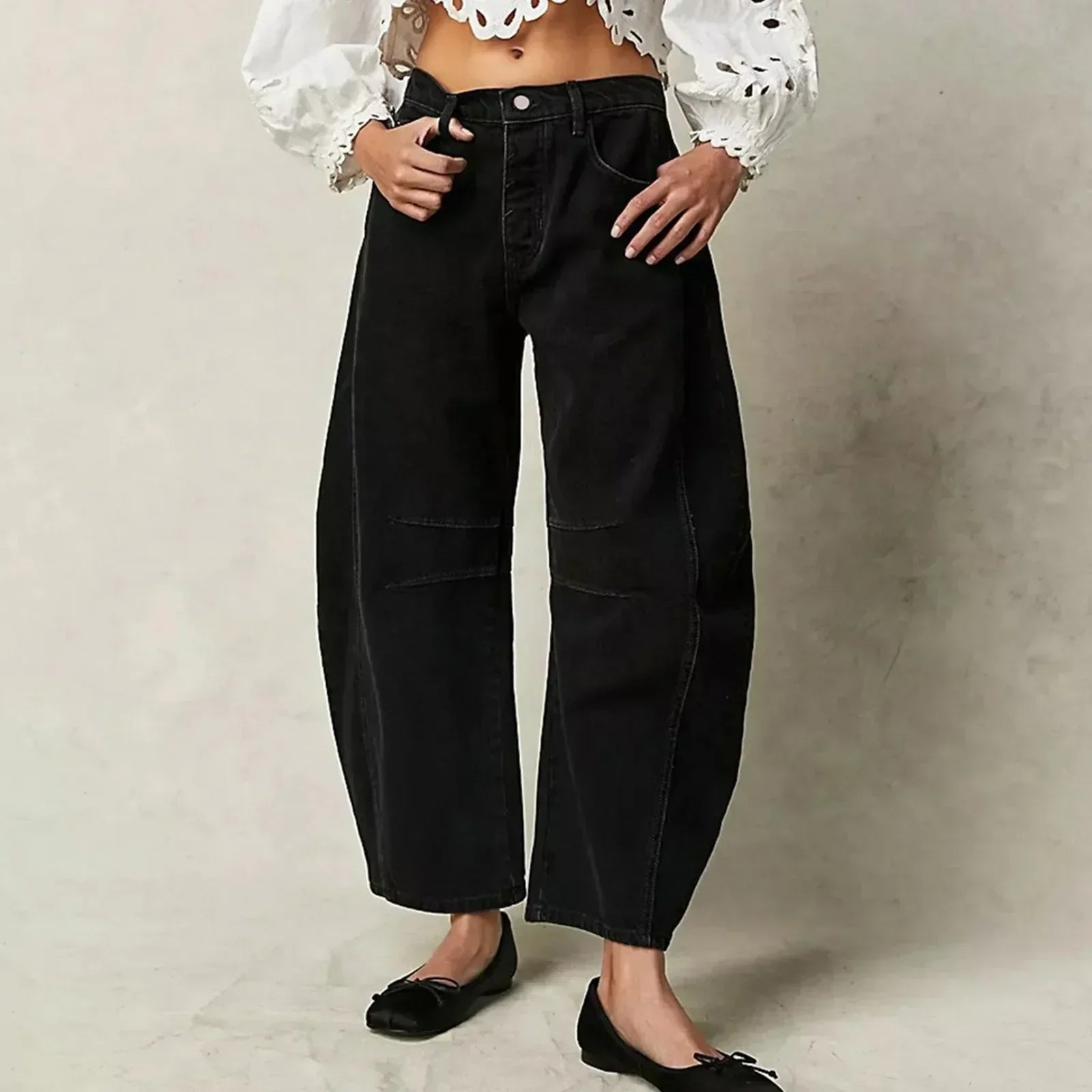 Women's High-Waisted Barrel Leg Pants | Ankle-Length with Patch Detail | Comfortable Fit