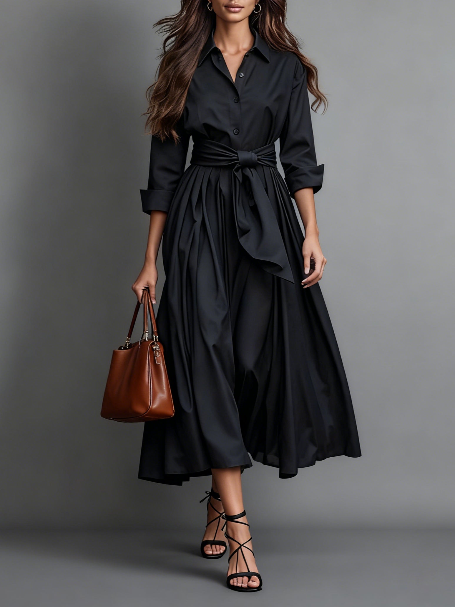 Women's Long Sleeve A-Line Midi Dress | Button-Down Tie Waist | Work & Casual