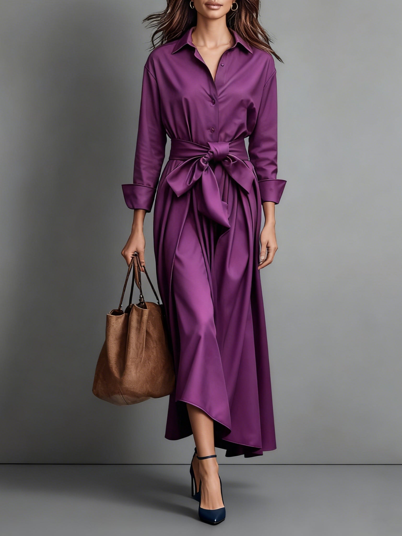 Women's Long Sleeve A-Line Midi Dress | Button-Down Tie Waist | Work & Casual