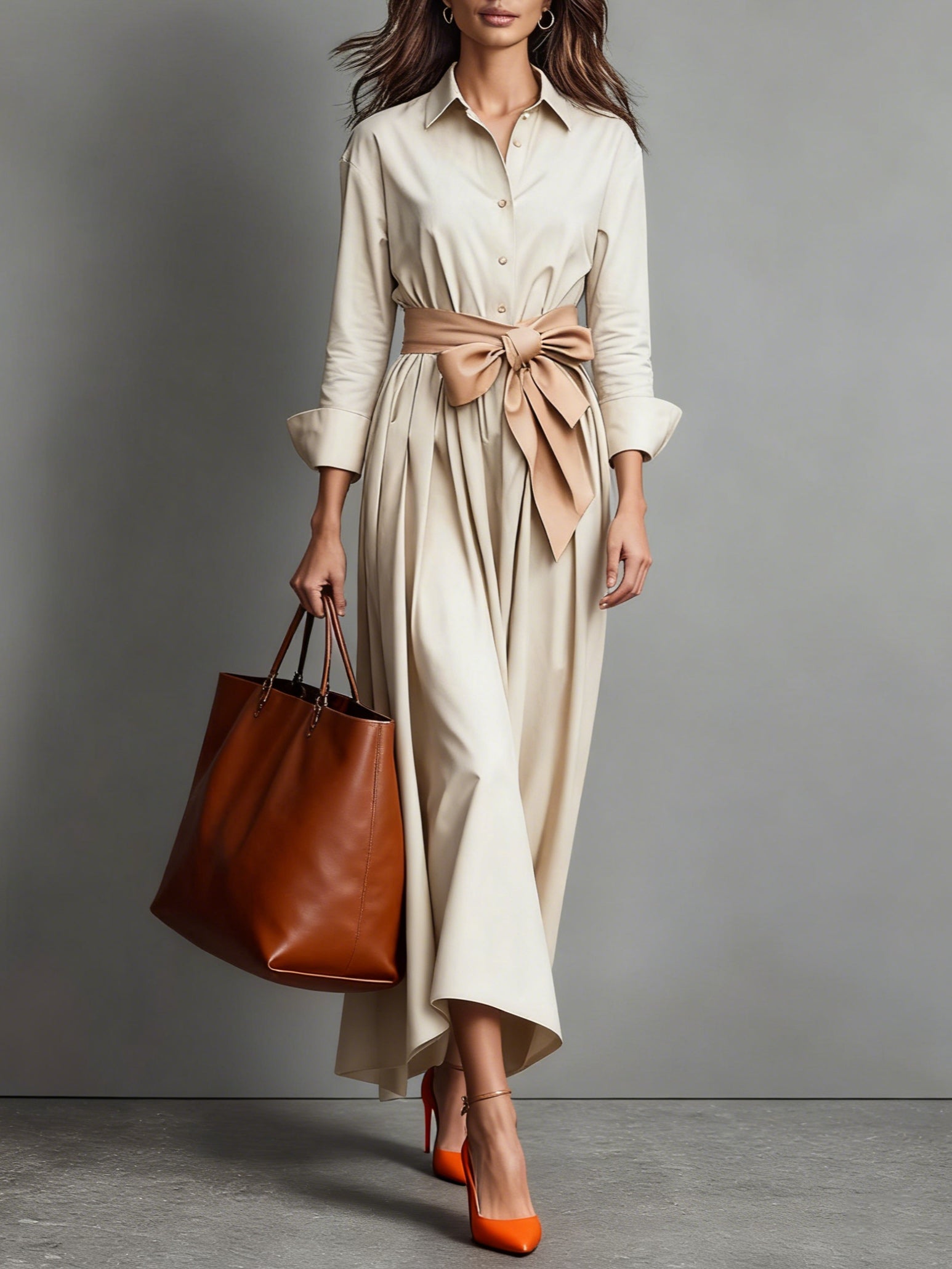 Women's Long Sleeve A-Line Midi Dress | Button-Down Tie Waist | Work & Casual