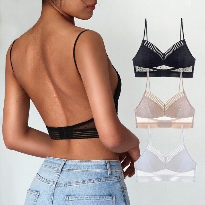 Women's Low-Back Lace Bra | Wireless Lifting V-Neck | Soft Breathable Lace & Wide Band