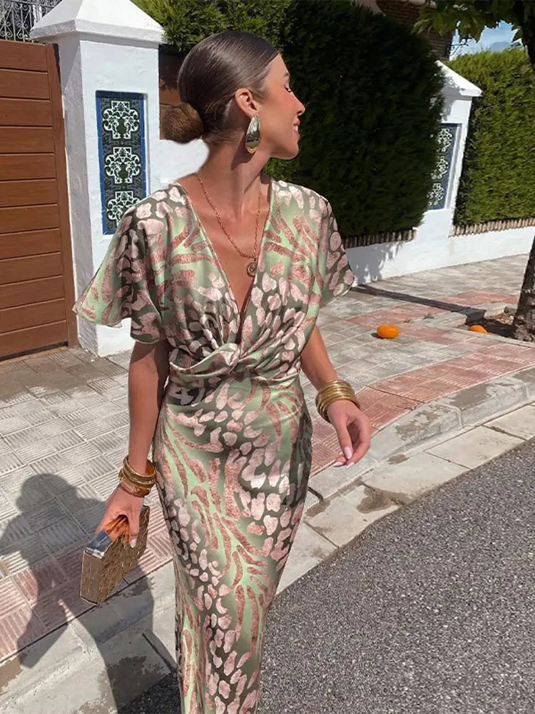 Women's Midi Dress | V-Neck Knot Front | Printed Design | Versatile Style