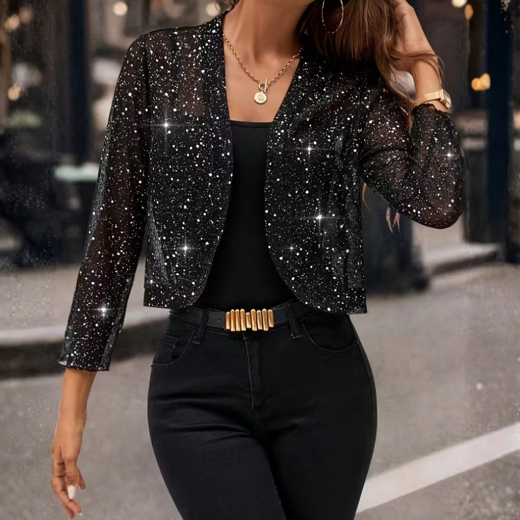 Women's Sequin Jacket | Sparkling Open-Front Design | Relaxed Fit & Full Sleeves