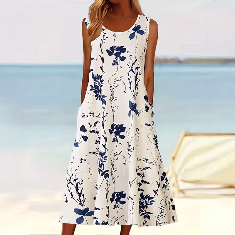 Women's Sleeveless A-Line Midi Dress | Floral Print | Practical Pockets | Comfortable Fit