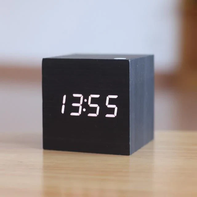 Wooden Digital Clock | Glowing LED Display | Compact Wood Cube