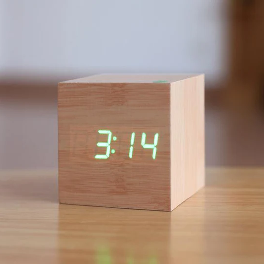 Wooden Digital Clock | Glowing LED Display | Compact Wood Cube