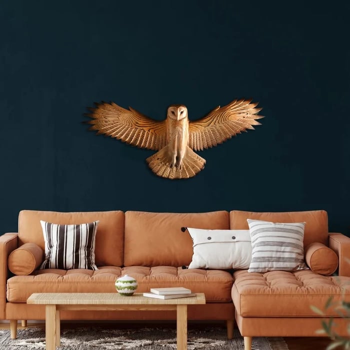 Wooden Owl Wall Decor | Handcrafted Rustic Sculpture | Pre-Installed Hanging Hooks
