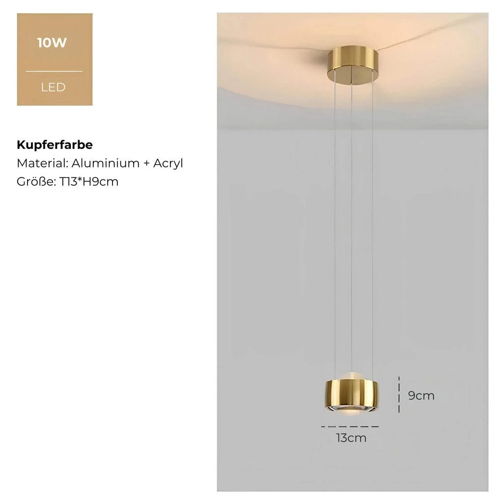 Modern black and copper 10W LED pendant light with adjustable design, featuring a sleek metal finish and circular ceiling fixture.