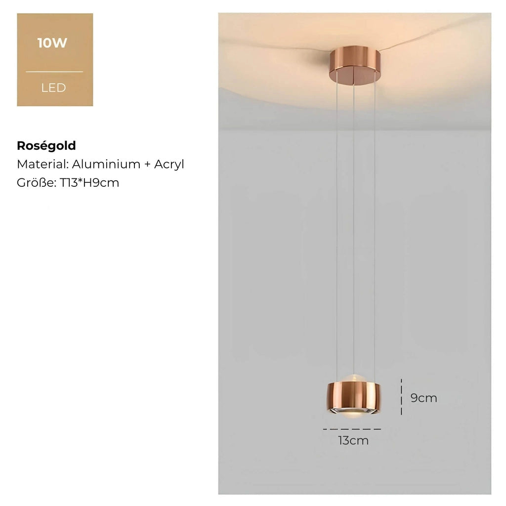 A modern 10W LED pendant light in schwarz with a rose gold adjustable ceiling lamp design, featuring a sleek circular lampshade and subtle wood accents.