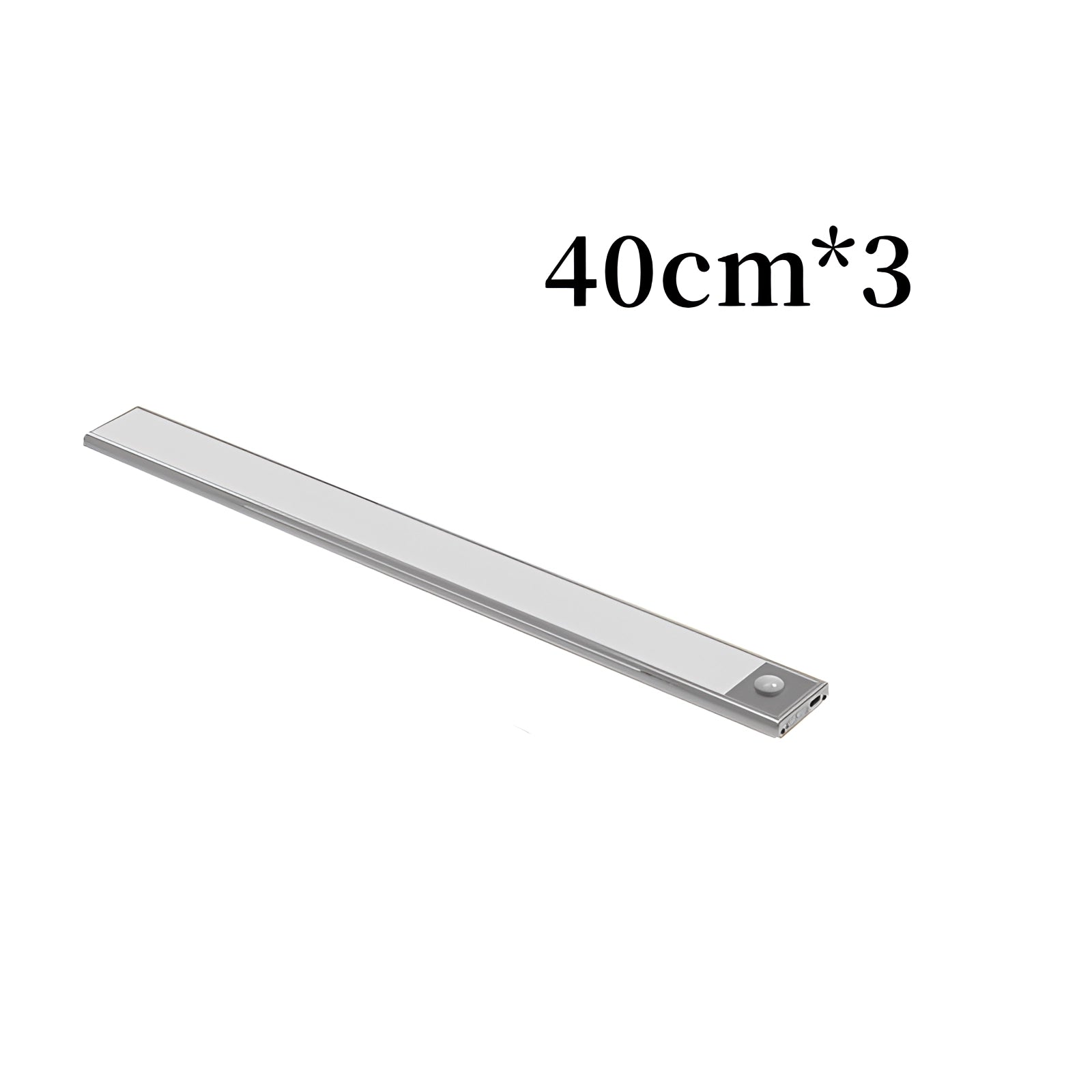 Magnetic warm white LED strip lights in a modern kitchen setting, featuring three 40cm strips in a sleek, rectangular design providing efficient illumination.
