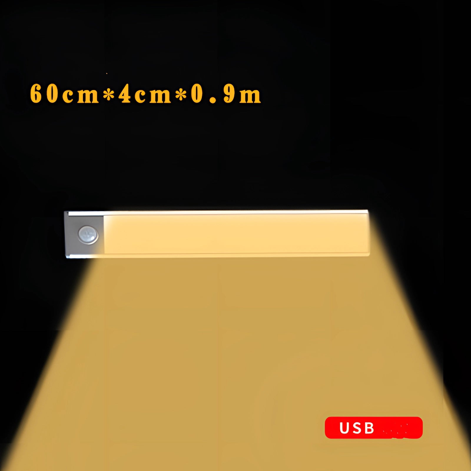 Warm white LED strip with magnetic backing, featuring a sleek silver finish, ideal for modern kitchen lighting. The strip is designed to be 60cm in length, providing efficient and stylish illumination.