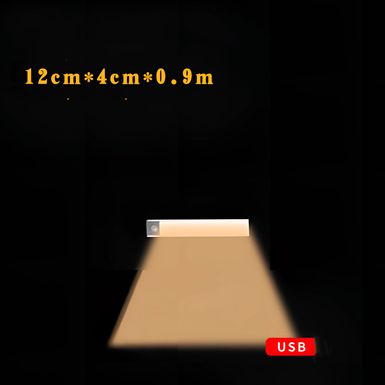 Warm white LED strip light, 12cm in length, with a sleek silver finish, designed for modern kitchen lighting. The strip emits a soft, warm white glow, offering an elegant lighting solution. The magnetic design allows for easy installation and repositioning, integrating seamlessly with modern kitchen decor.