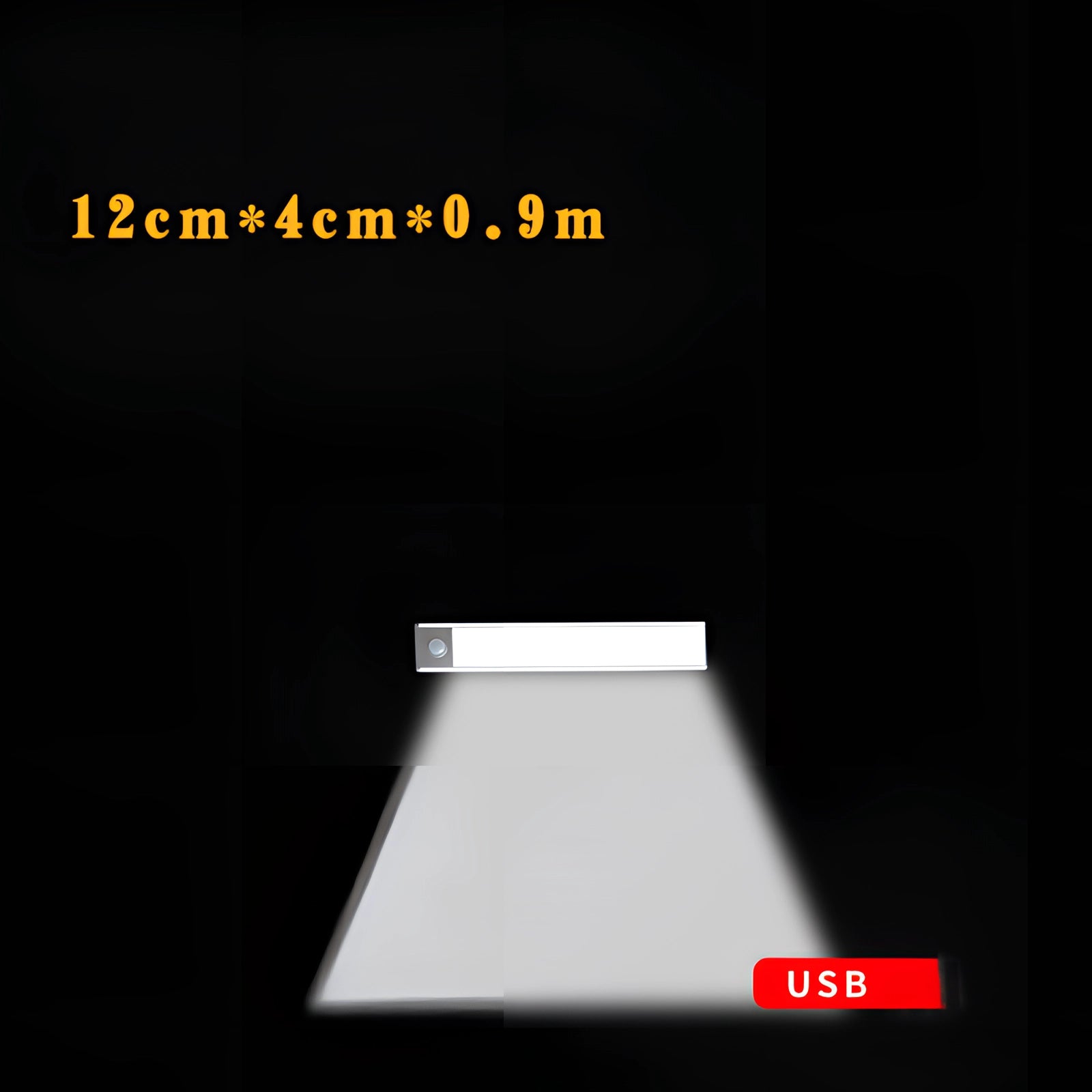 Warm white LED strip light, 12cm in length, designed for modern kitchen lighting, featuring a slim rectangular shape with a magnetic backing for easy installation in dark spaces.