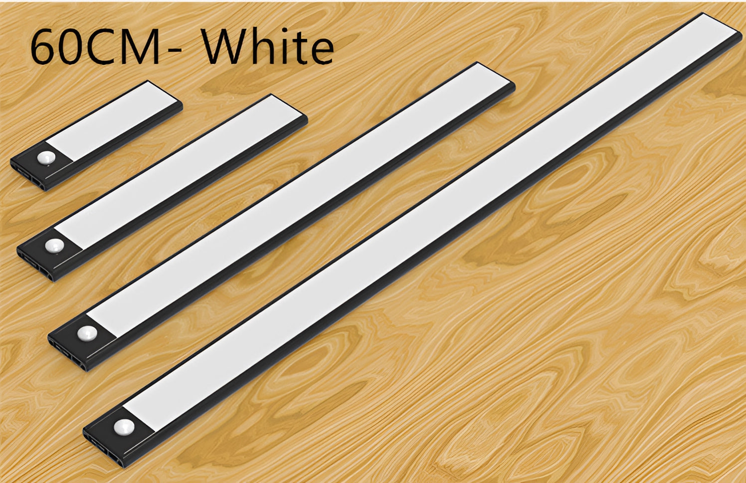 Magnetic warm white LED strip in a modern kitchen setting, featuring a sleek design that complements both white and black color schemes. The strip is positioned on a wooden surface, highlighting the contrast between the warm LED lighting and the natural wood tones.
