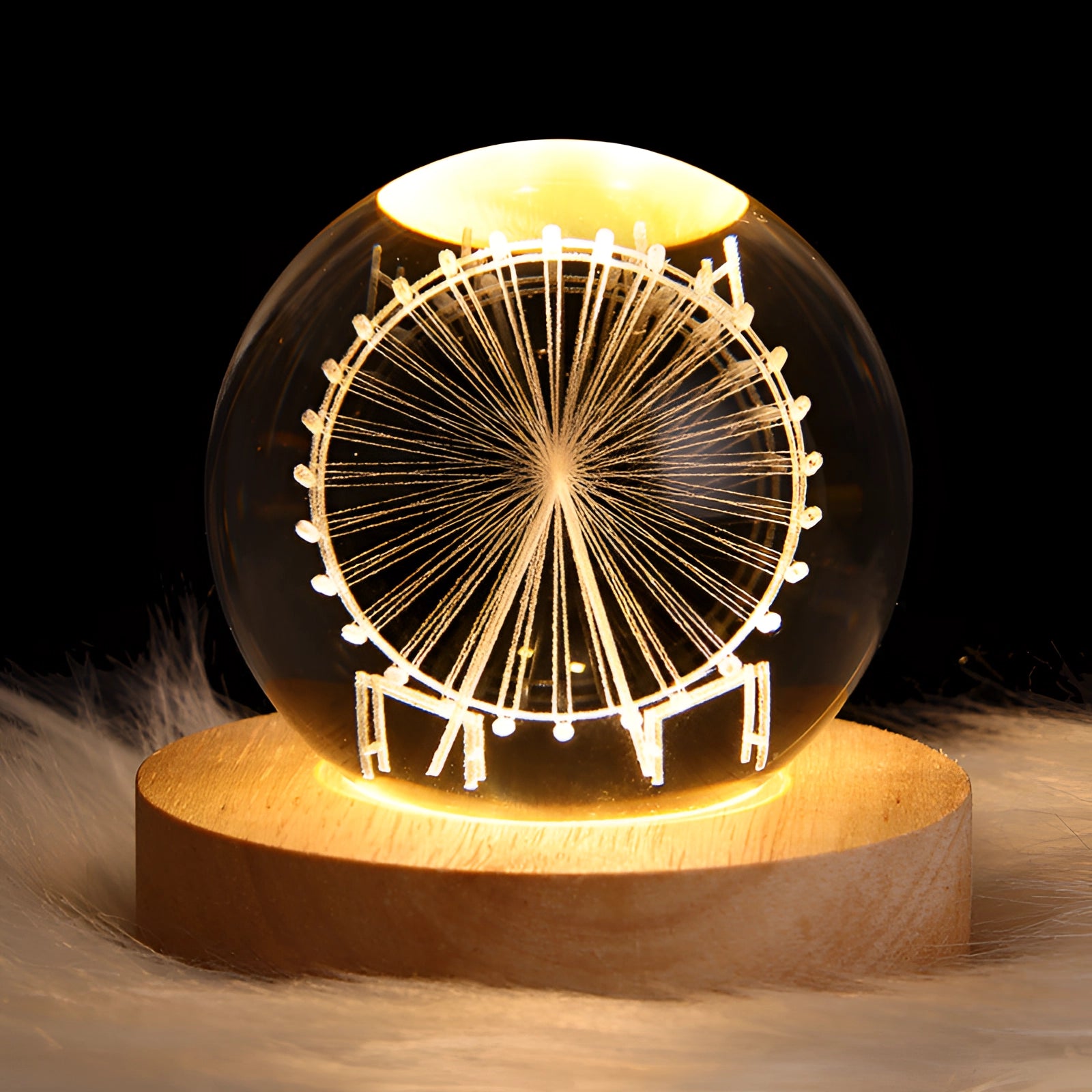 3D crystal ball LED light featuring a laser-engraved design of a Ferris wheel, 6 cm in diameter, with intricate details and galaxy-themed patterns inside a clear spherical shape.