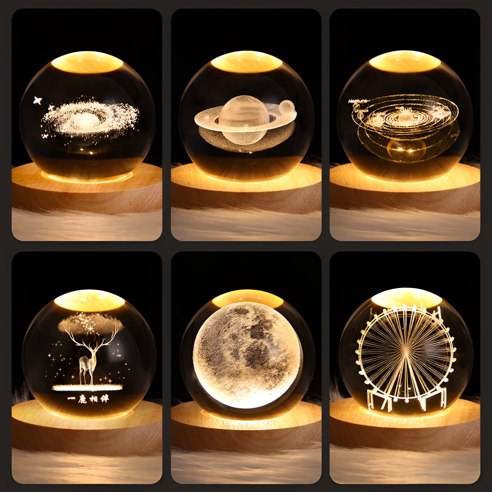 3D Crystal Ball LED Light with laser engraved galaxy and planetary designs, emitting a warm amber glow on a black base.