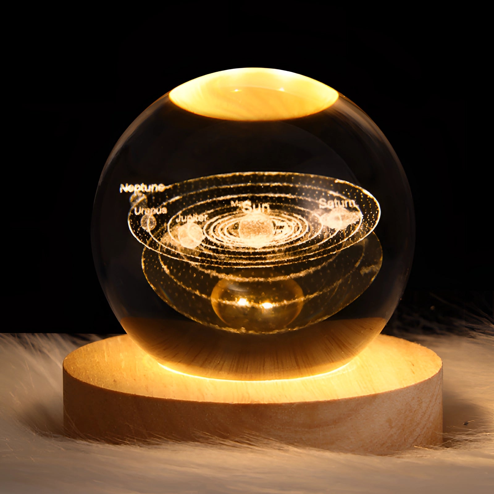 3D crystal ball LED light with laser engraved solar system design, featuring a detailed model of the galaxy and planets, illuminated from within.