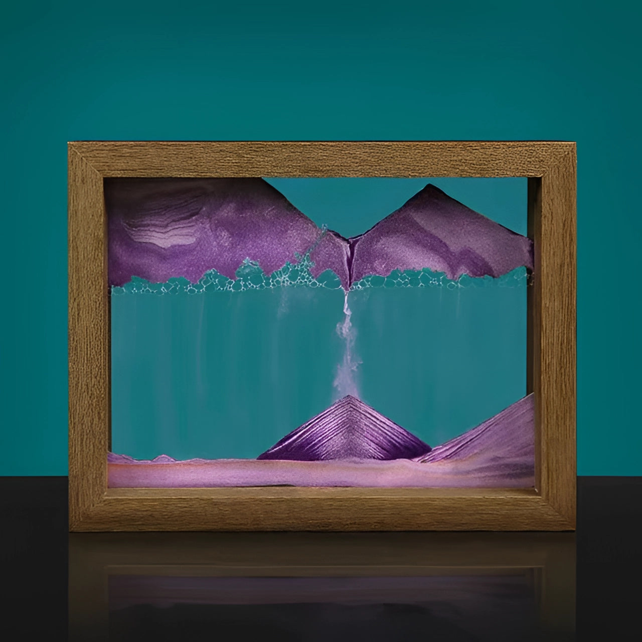 3D kinetic sand art picture frame with a purple gradient display, featuring a rectangular shape and symmetrical sand patterns in shades of violet and magenta.