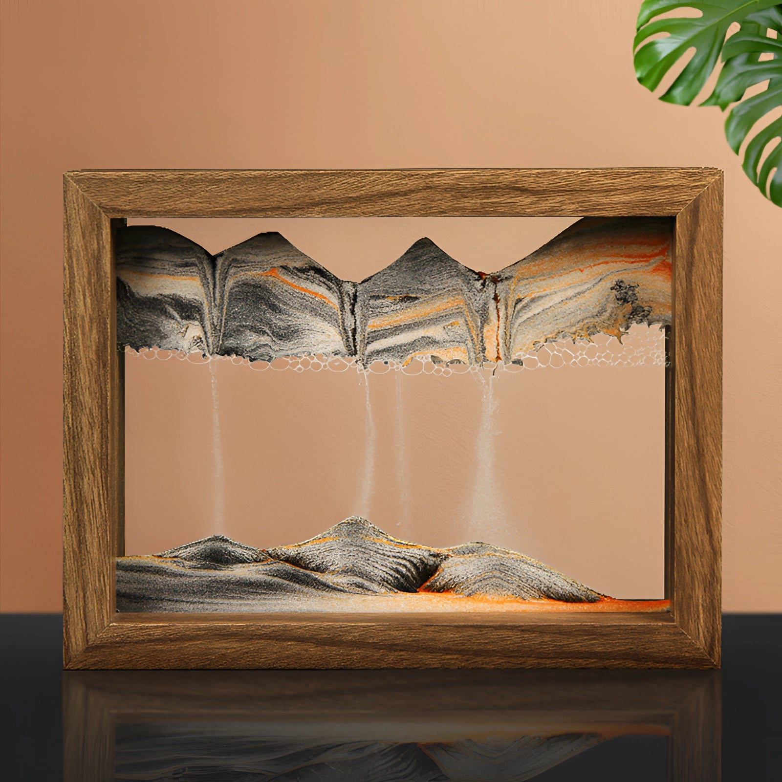 3D kinetic sand art picture frame in aqua blue featuring a rectangular wooden frame with a brown finish, showcasing a unique moving sand pattern, ideal for desk display.