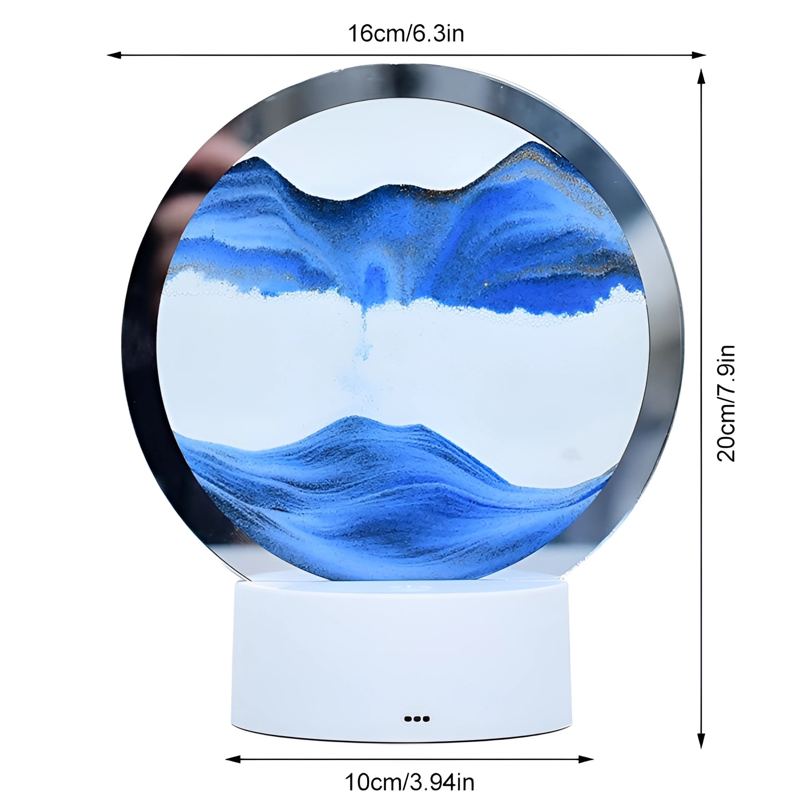 3D LED Sand Art Night Light Lamp featuring a resin mountain design with electric blue accents, depicted in a circular frame.