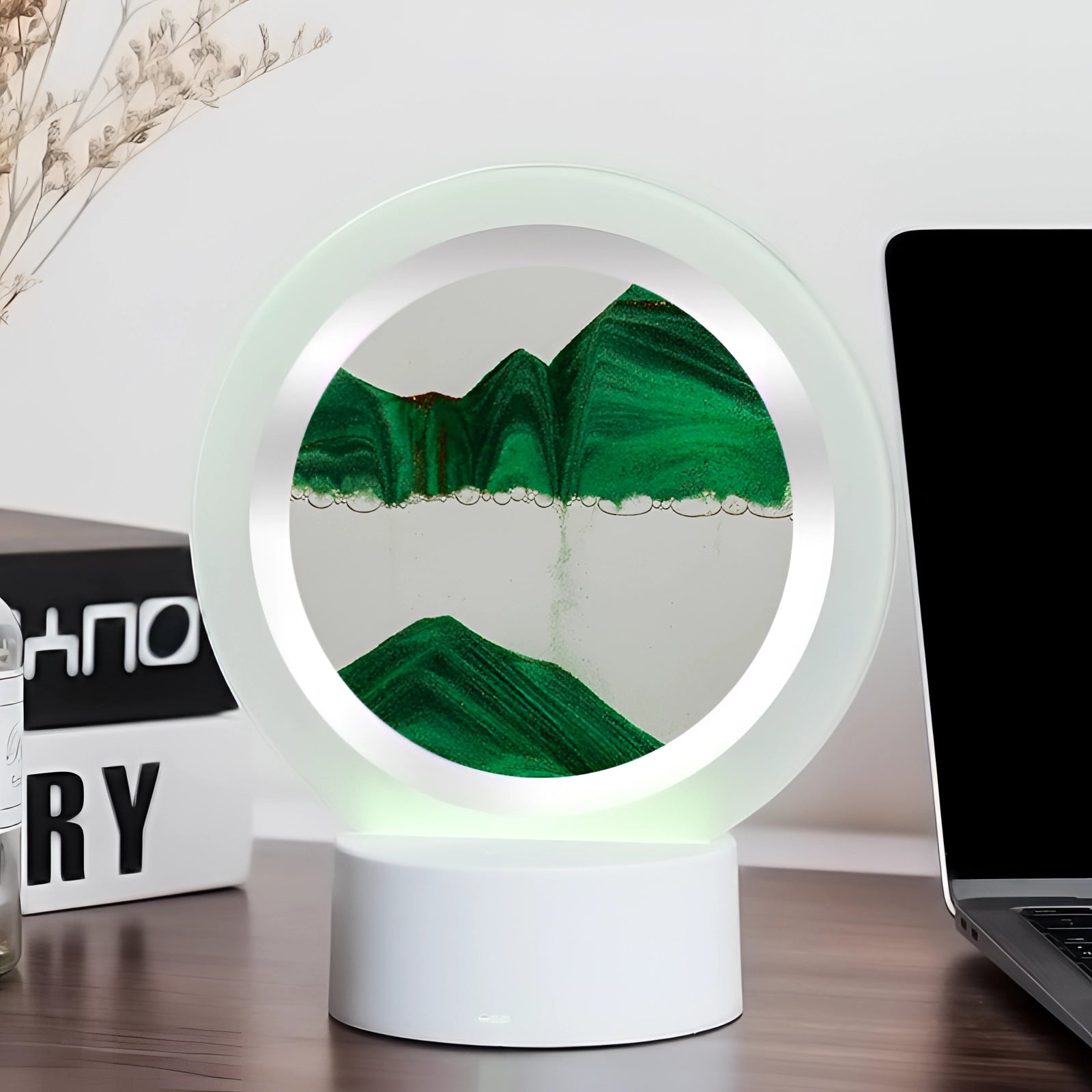 3D LED Sand Art Night Light Lamp featuring a resin mountain design in a soothing green color.