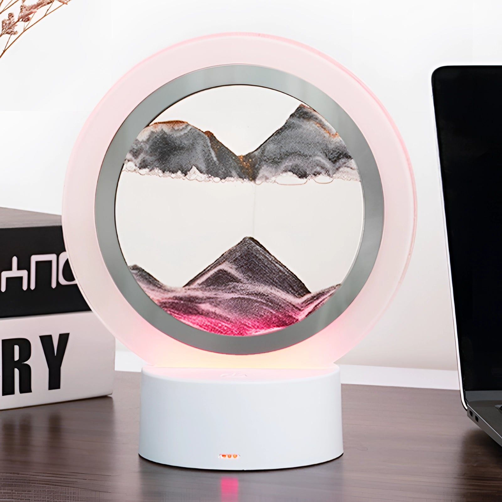 3D LED Sand Art Night Light Lamp with a Resin Mountain Design in Black, featuring a circular frame with intricate art detailing and ambient lighting effects.