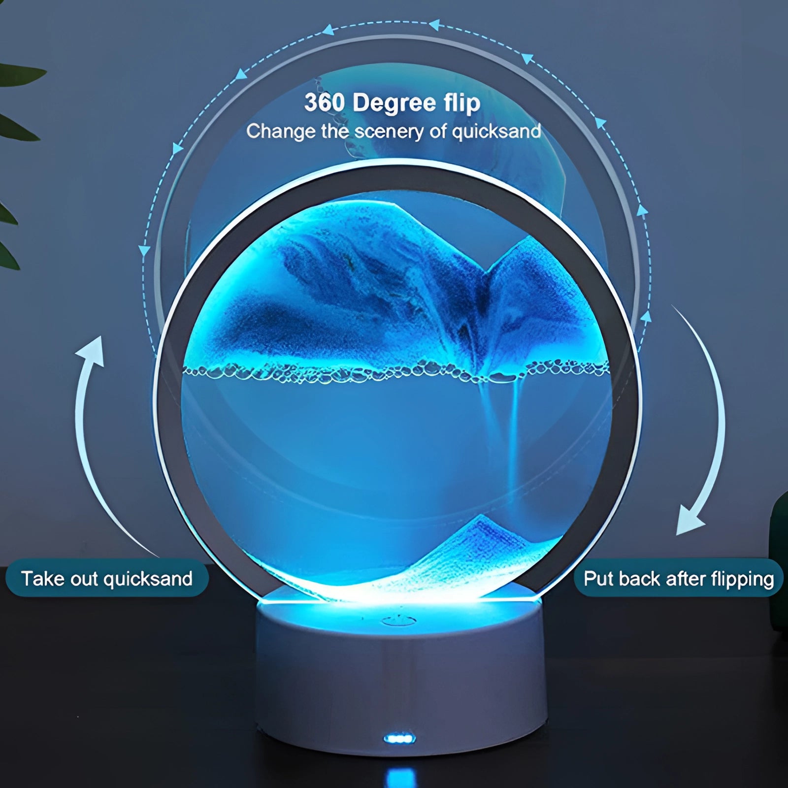 3D LED Sand Art Night Light Lamp with a Resin Mountain Design, featuring vibrant electric blue colors and symmetrical patterns resembling a celestial night sky.