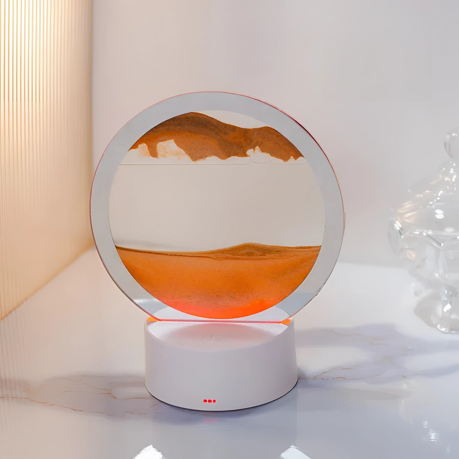 Orange 3D LED sand art night light lamp featuring a resin mountain design, set on a wooden circular base, resembling an artistic display piece with its unique sphere shape and ceramic-like appearance.