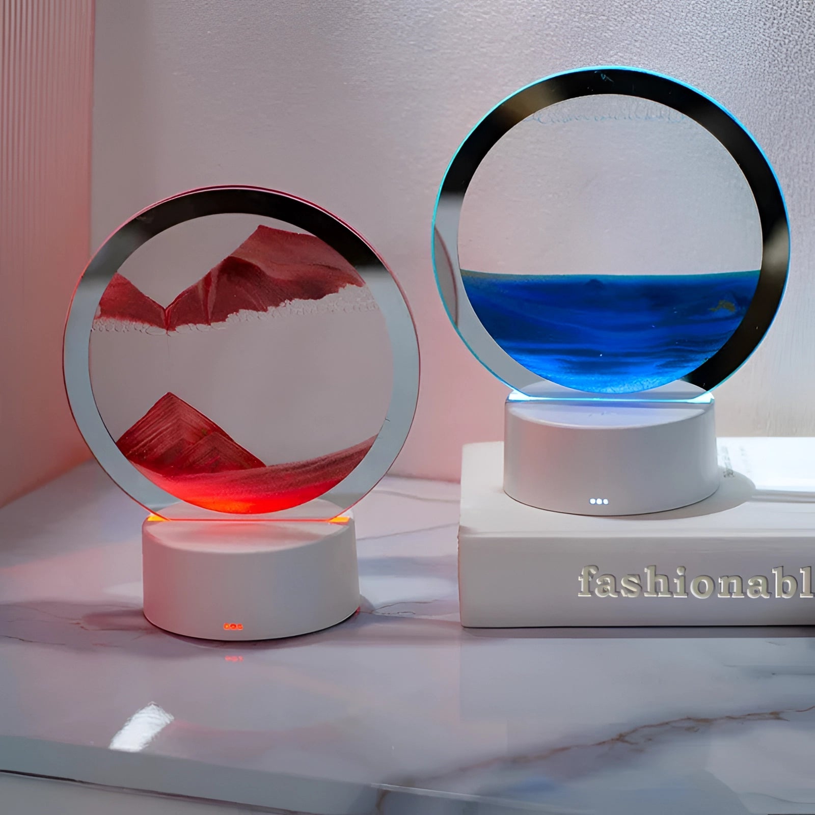 3D LED sand art night light lamp featuring a striking resin mountain design, with vibrant colors such as magenta and electric blue.