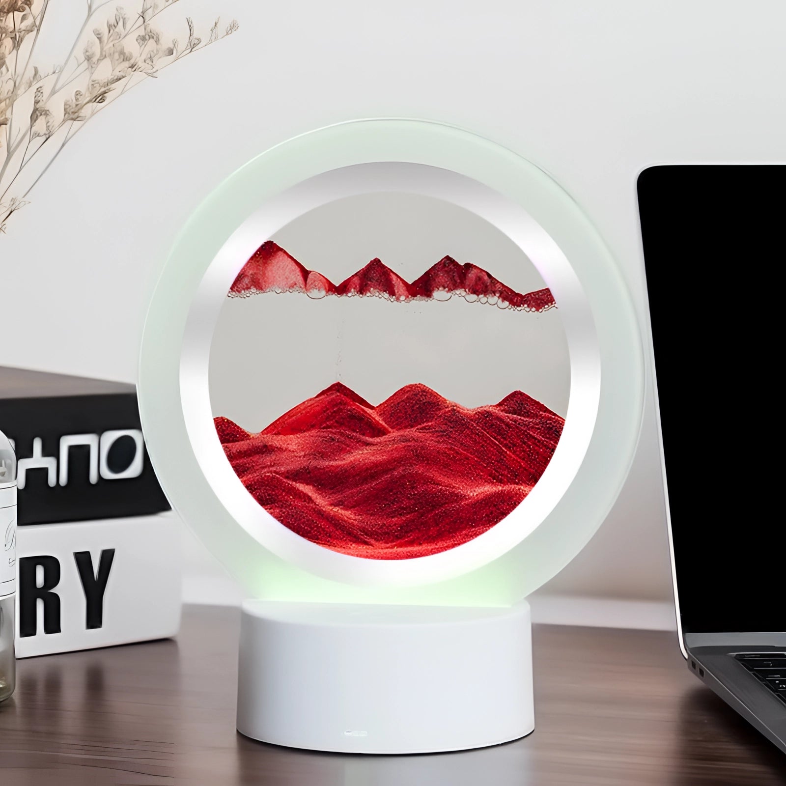 3D LED sand art night light lamp featuring a resin mountain design in red, with intricate details and a rectangular base.
