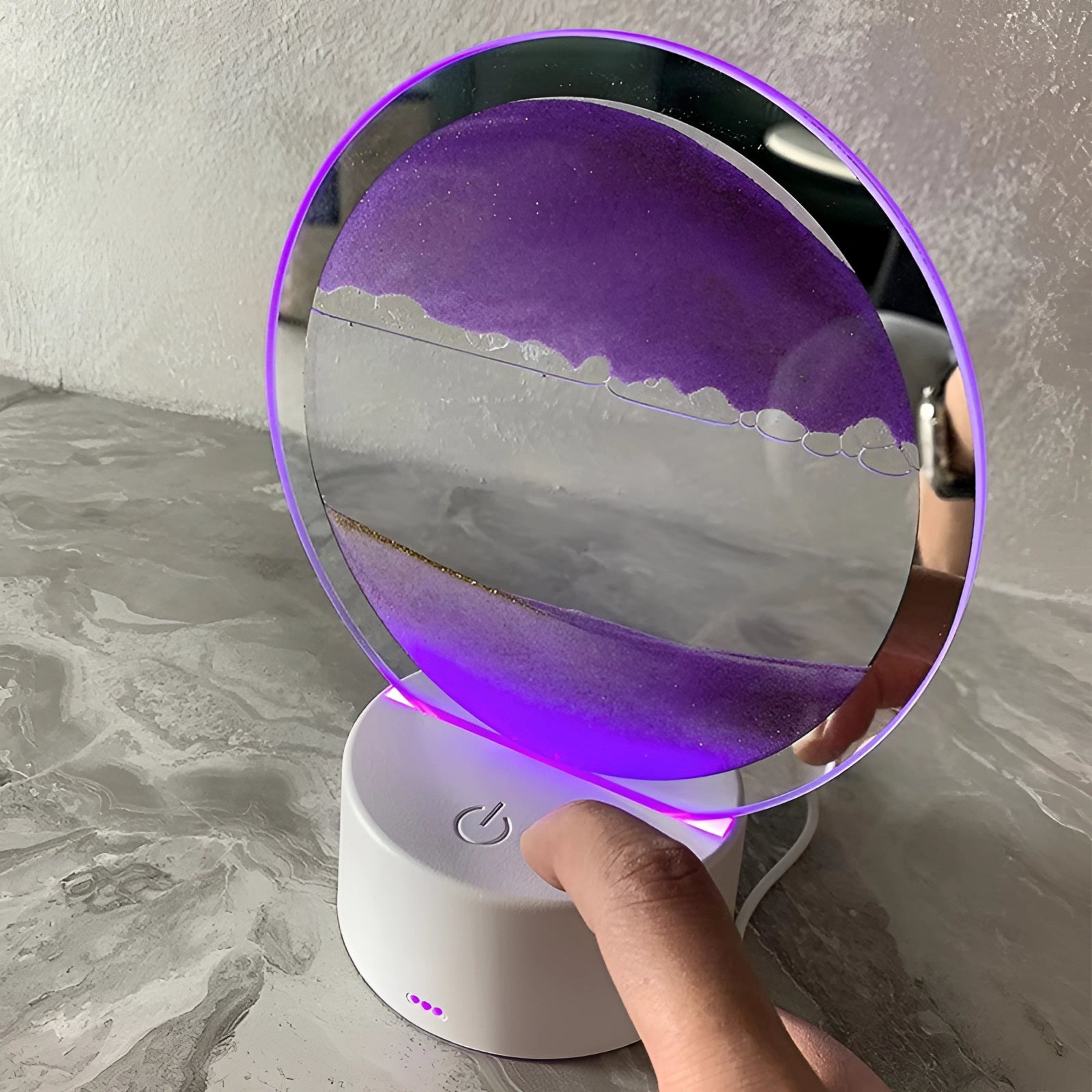 3D LED Sand Art Night Light Lamp featuring a Resin Mountain Design, displaying vibrant hues of purple, azure, and magenta with circular elements and a soothing electric blue glow.
