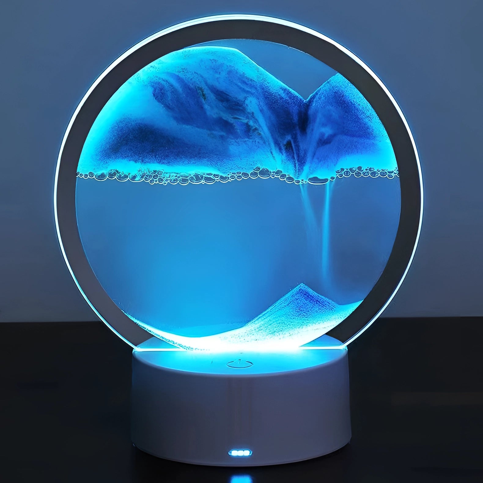 3D LED sand art night light lamp featuring a resin mountain design with shades of blue and azure, creating an artistic and calming visual effect.