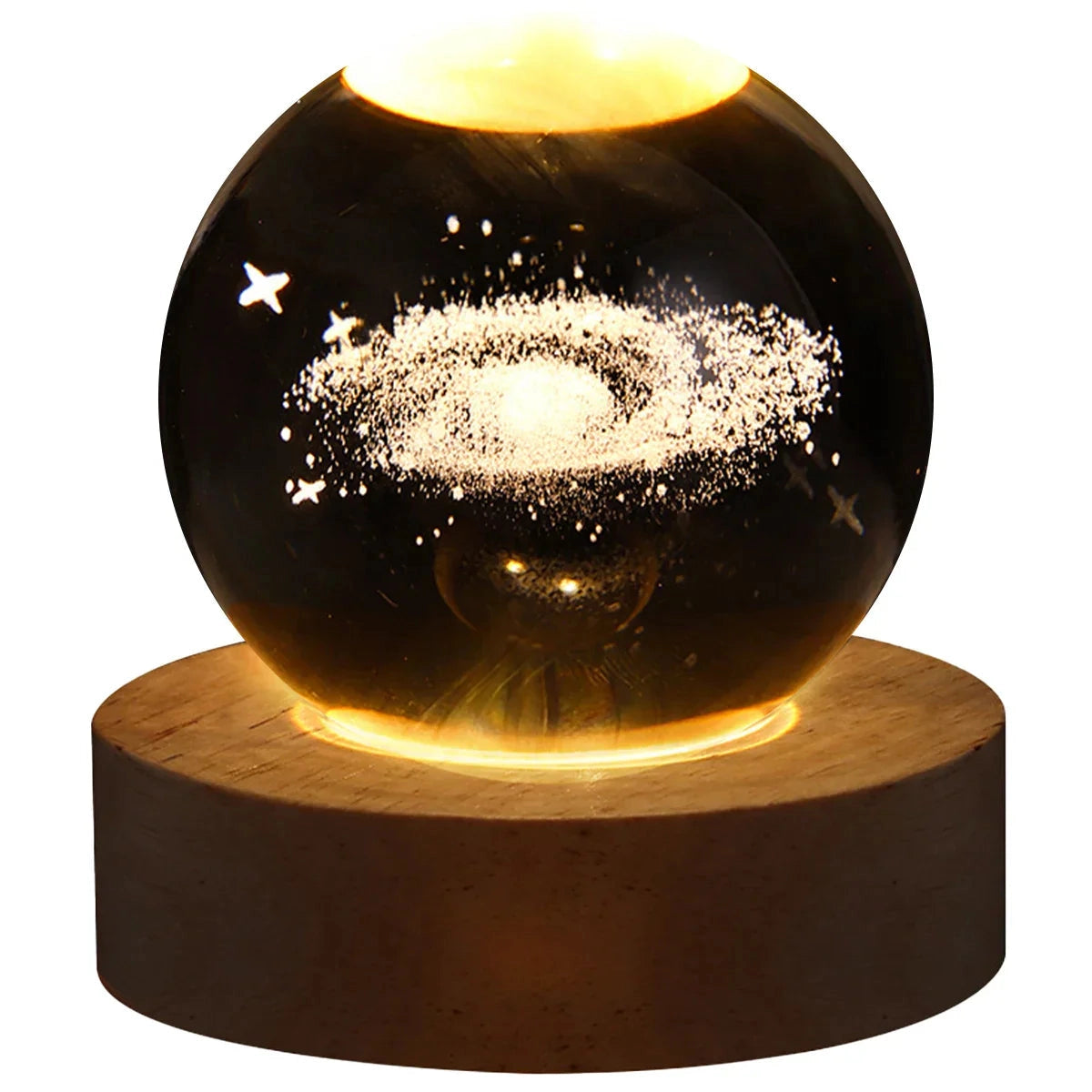 3D Solar System Crystal Ball Lamp with LED Base depicting the Milky Way, featuring an intricately detailed solar system design encased in a clear spherical crystal, illuminated by a metal LED base.
