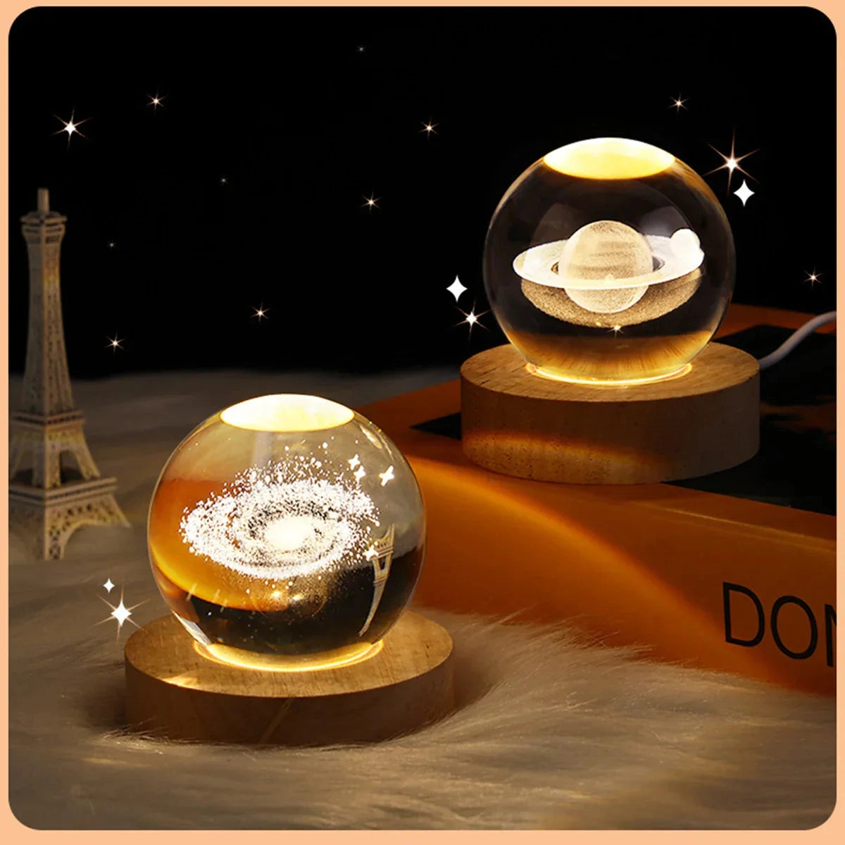 3D Solar System Crystal Ball Lamp with LED Base featuring an intricate depiction of the solar system inside a clear spherical crystal, illuminated by an amber light from the LED base, creating a warm, ambient glow.