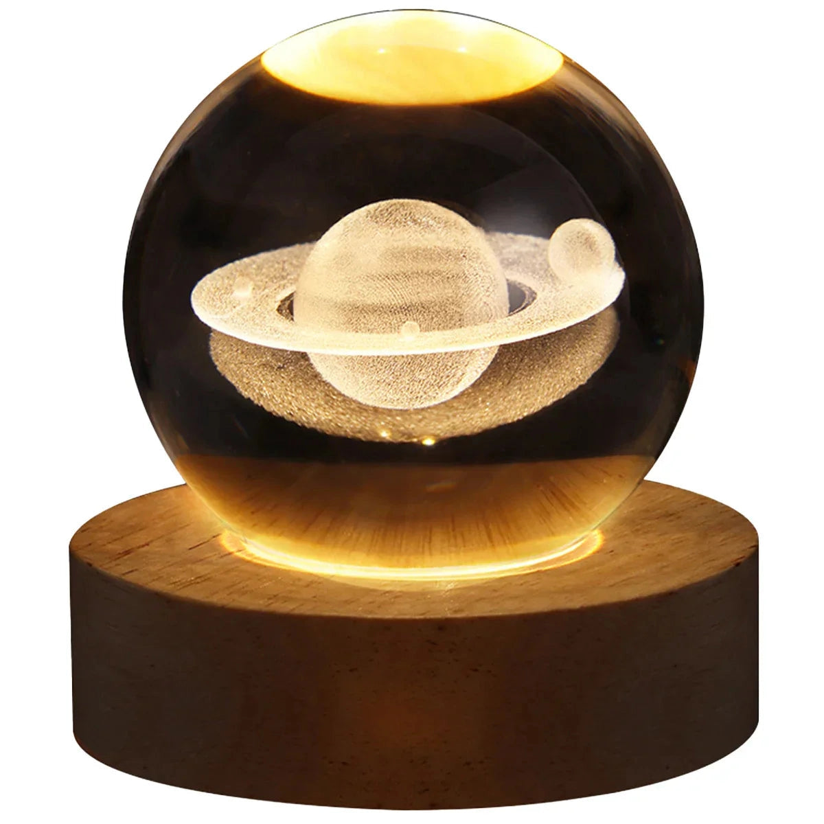 A 3D crystal ball lamp featuring an intricate solar system design, illuminated by an LED base, serving as astronomical décor.
