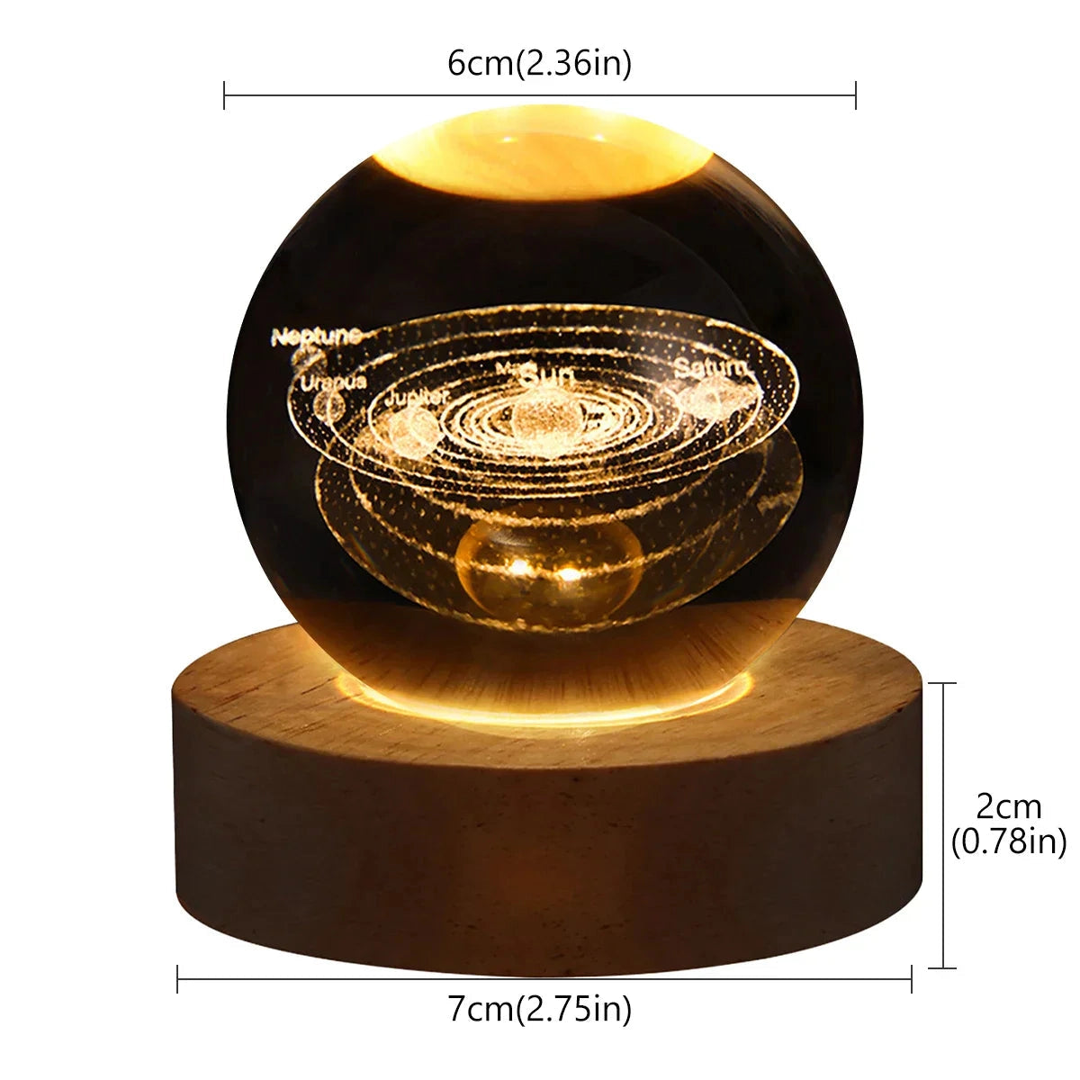 3D Solar System Crystal Ball Lamp with LED Base on a rectangular platform, featuring a detailed engraving of the solar system inside a clear spherical crystal, illuminating with a soft light, suitable for astronomical décor.