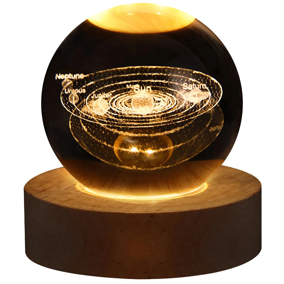 A spherical crystal ball featuring a laser-etched 3D solar system model, resting on a LED base, designed as a decorative astronomical lamp.