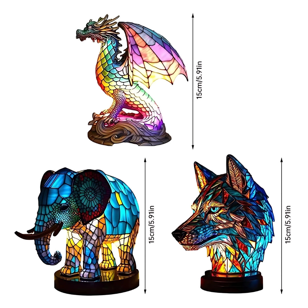 A 3D wolf-shaped lamp featuring multicolor LED lights, designed with stained glass elements to create a night light decor piece. The artistic representation captures the majestic form of a wolf, blending art and functionality.