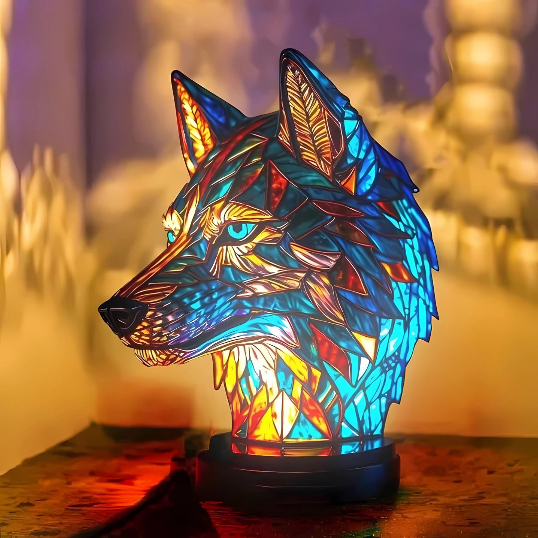 Multicolor LED stained glass night light featuring a 3D wolf design with artistic elements, showcasing electric blue accents, triangular shapes, and a snout, resembling a sculpture.