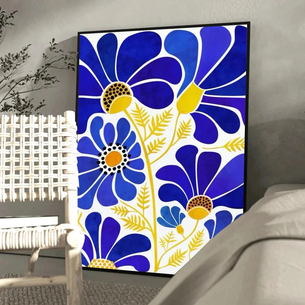 Abundance Mindset Motivational Poster featuring blue and yellow floral art with decorative flowers and petals, set in a rectangular design with a motivational message in elegant font.