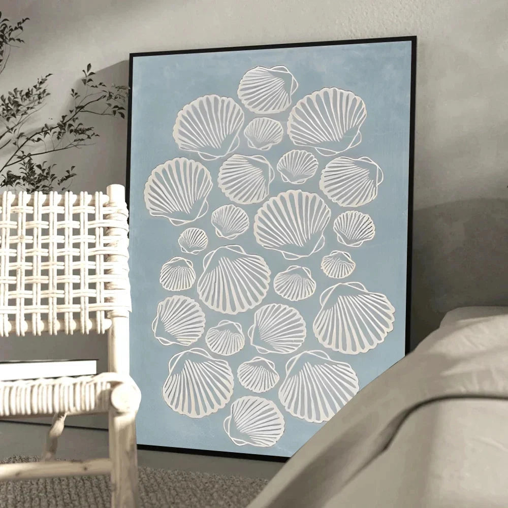 Abundance Mindset Motivational Poster featuring a blend of blue and yellow floral art, displayed in a 50x70cm size, mounted on a grey wall in a living room setting with wooden interior design elements.