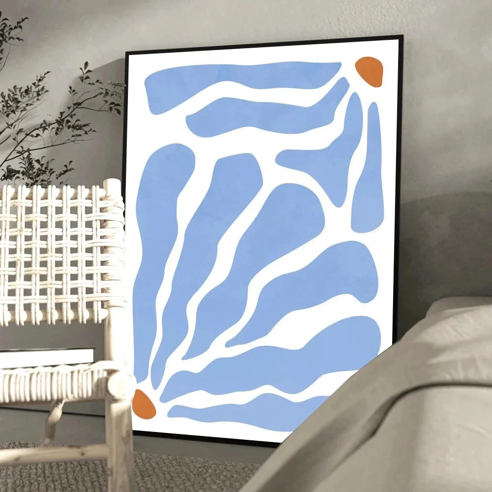 Abundance Mindset Motivational Poster featuring blue and yellow floral art in a rectangular 50x70cm design, displayed in an interior setting with wooden furniture and decorative elements.