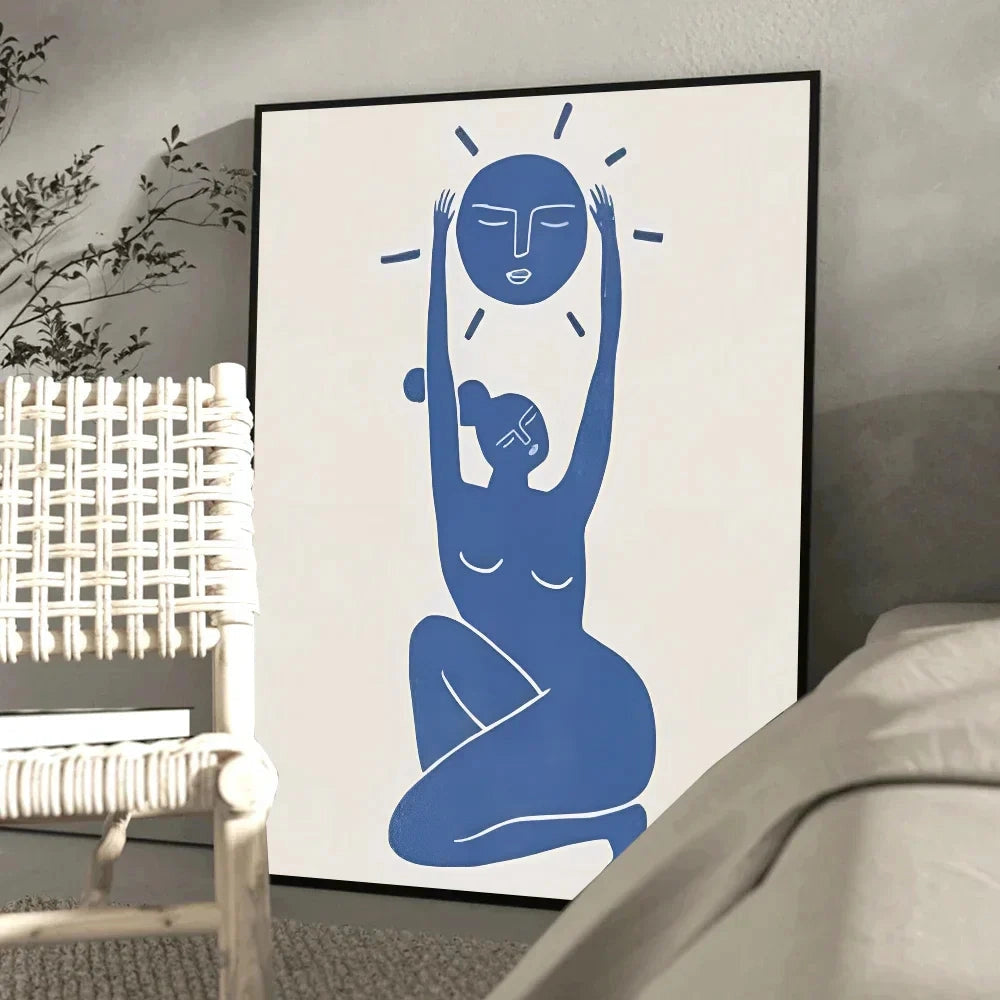 Abundance Mindset Motivational Poster featuring blue and yellow floral art in a rectangular frame measuring 50x70cm, with an uplifting font, displayed in a room setting.