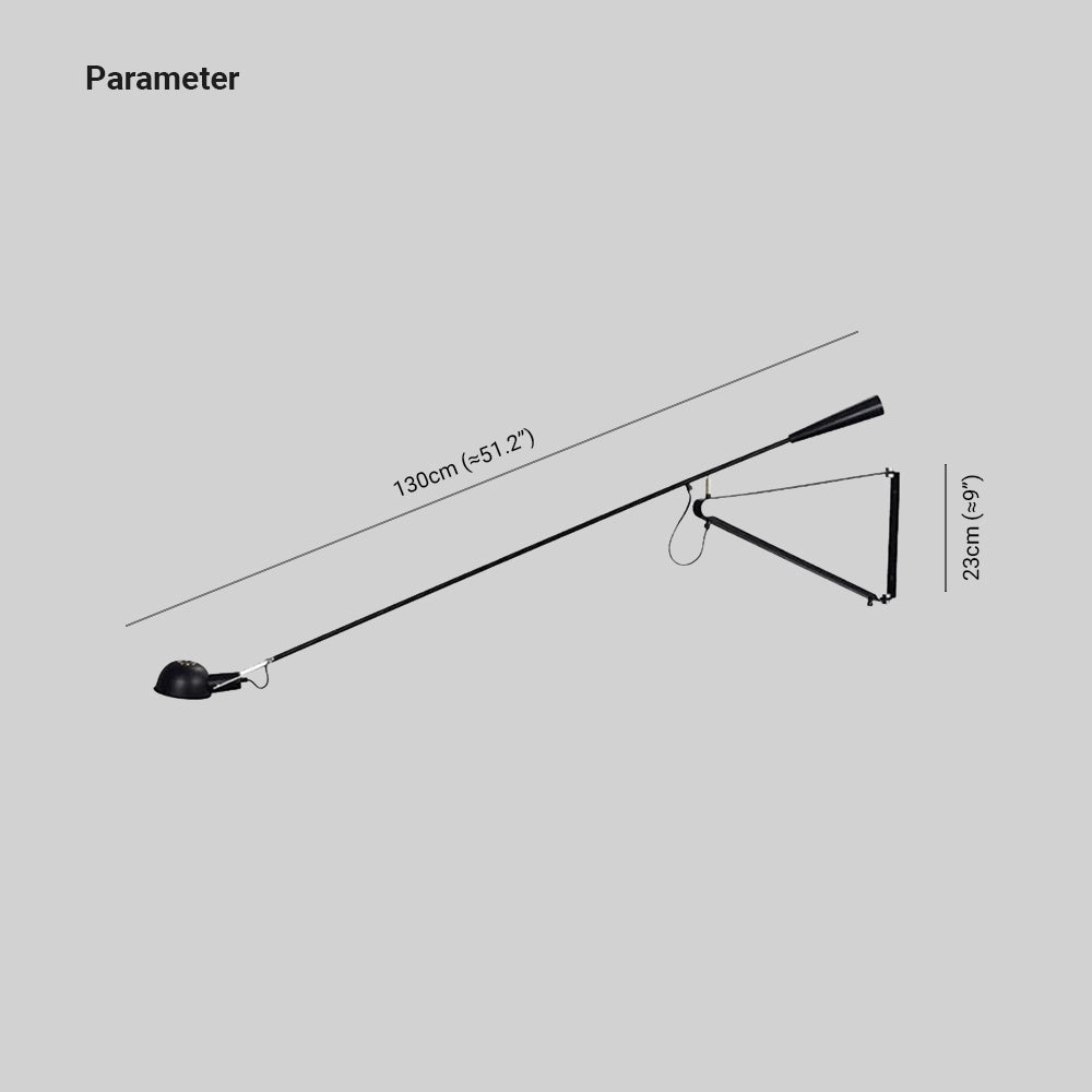 Adjustable industrial swing arm wall lamp with a sleek black modern design, featuring geometric shapes like rectangles and triangles in its structure, highlighting symmetry and functionality.